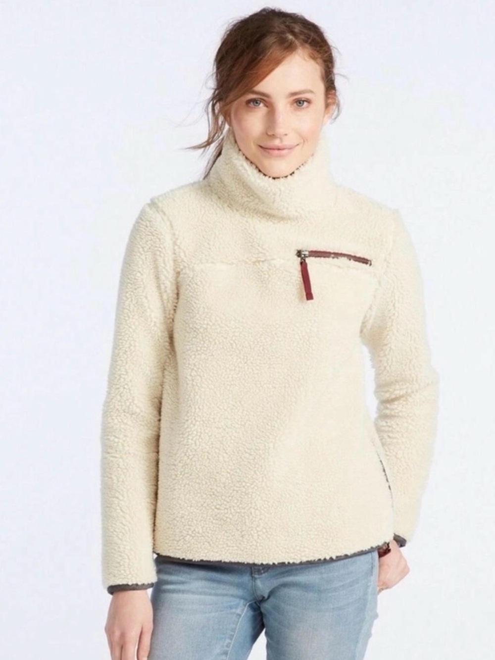 L.L. Bean Signature Cream Sherpa Turtleneck Pullover with Burgundy Zipper